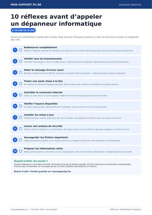 Aperçu de la checklist 10 réflexes avant d'appeler un dépanneur informatique